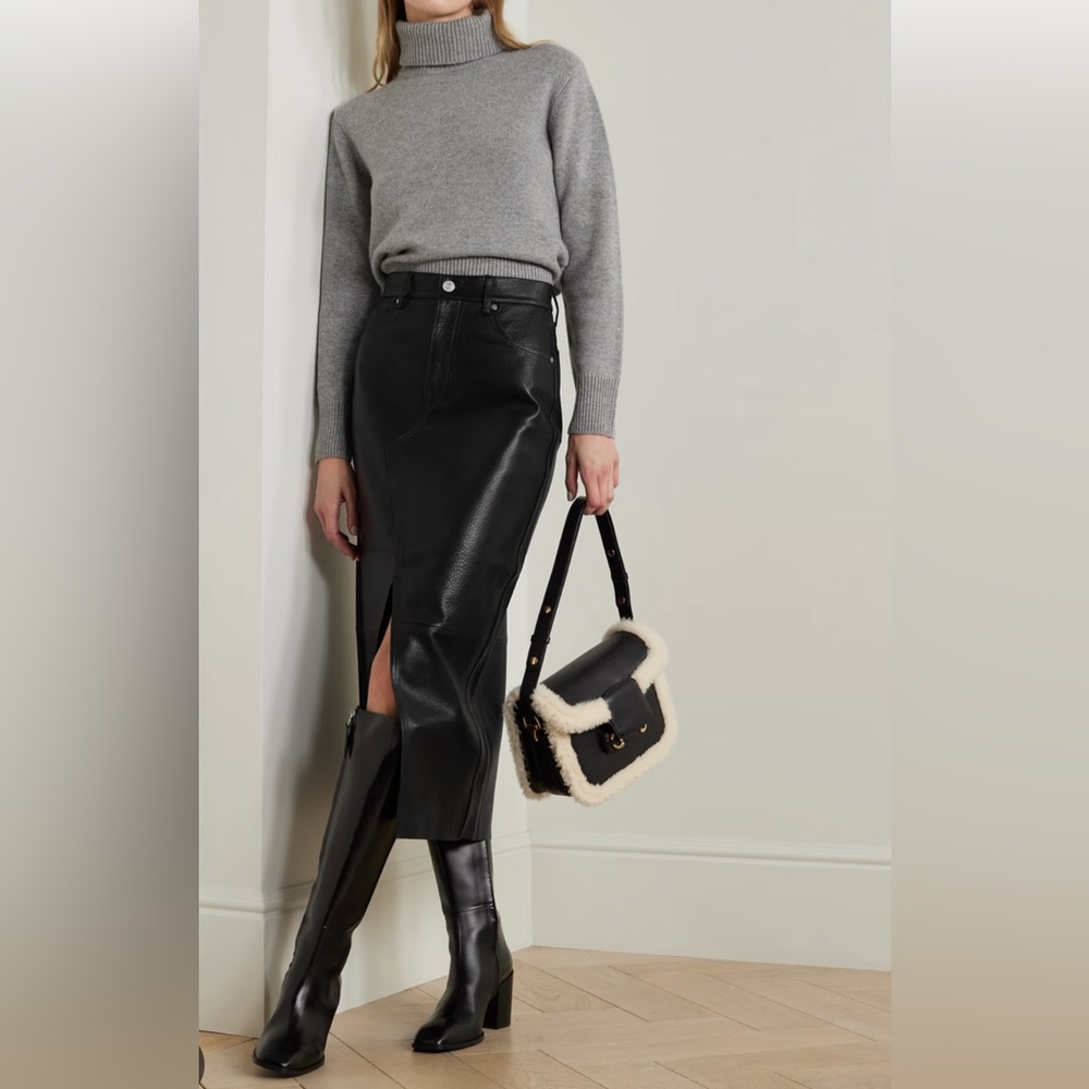 FRAME Black Grain Leather Panelled Midi Skirt - 30
